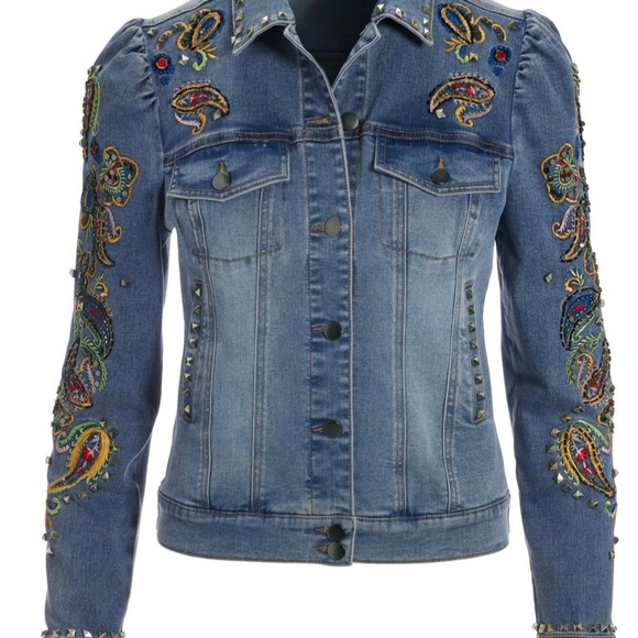 Boston Proper Paisley Embroidered & Embellished Puff Sleeve Denim Jacket - Picture 4 of 12